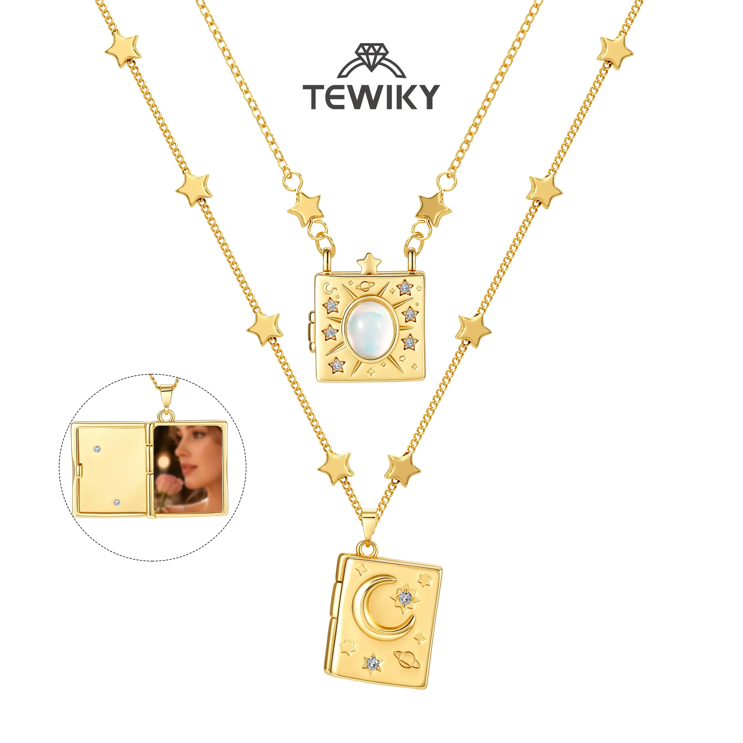 TEWIKY Gold Layered Celestial Necklace for Women, Moon & Star Book Pendant Necklace, Sun Moon Opal Locket Necklace, Dainty Gold Necklace, Waterproof Jewelry, Astrology Necklace, Y2K Jewelry, Layering Necklace, Aesthetic Jewelry, Gift for Women