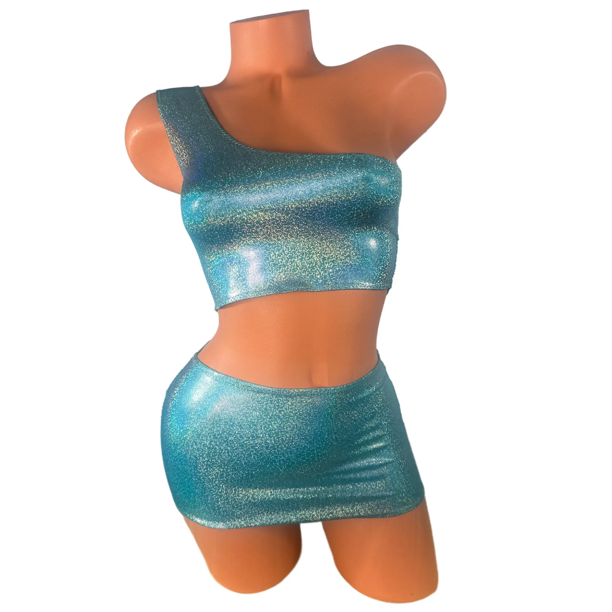 One Shoulder Silver on Turquoise micro skirt set