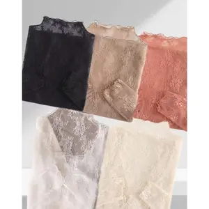 5PCS Black+white+coffee+Caramel+Apricot Lace Lingerie Mesh Intimates Undershirts for Women Semi High Neck Shirt Long Sleeved Top See-Through Base Blouse Inner Wear