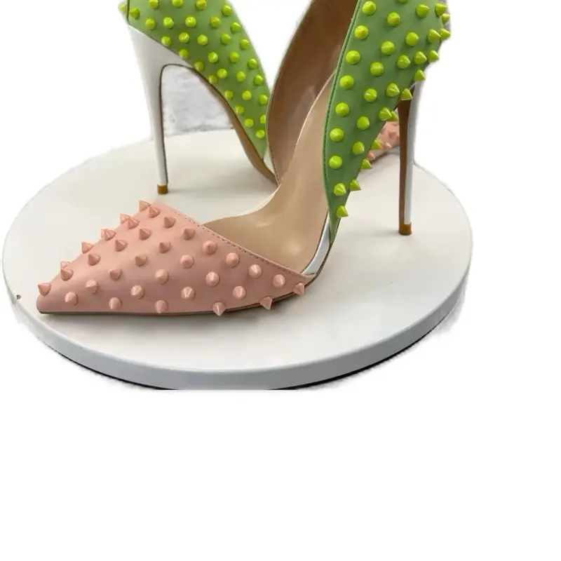 Pink Green and White Studded Heels - Walking Shoes with Decorative Beads - Sandal