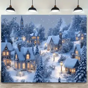 1pc 3D Winter Wonderland Christmas Tapestry Snowy Village with Illuminated Windows Durable Polyester Fabric No Electricity Needed 59x39in 51.18x59in 90.5x70.8in Holiday Party Decor Home Wall Hanging