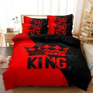 3pcs  King & Queen Black And Red Lettering Print Duvet Cover Set, 1 Duvet + 2 Pillowcases (No Inserts), Home & High-Definition Printed