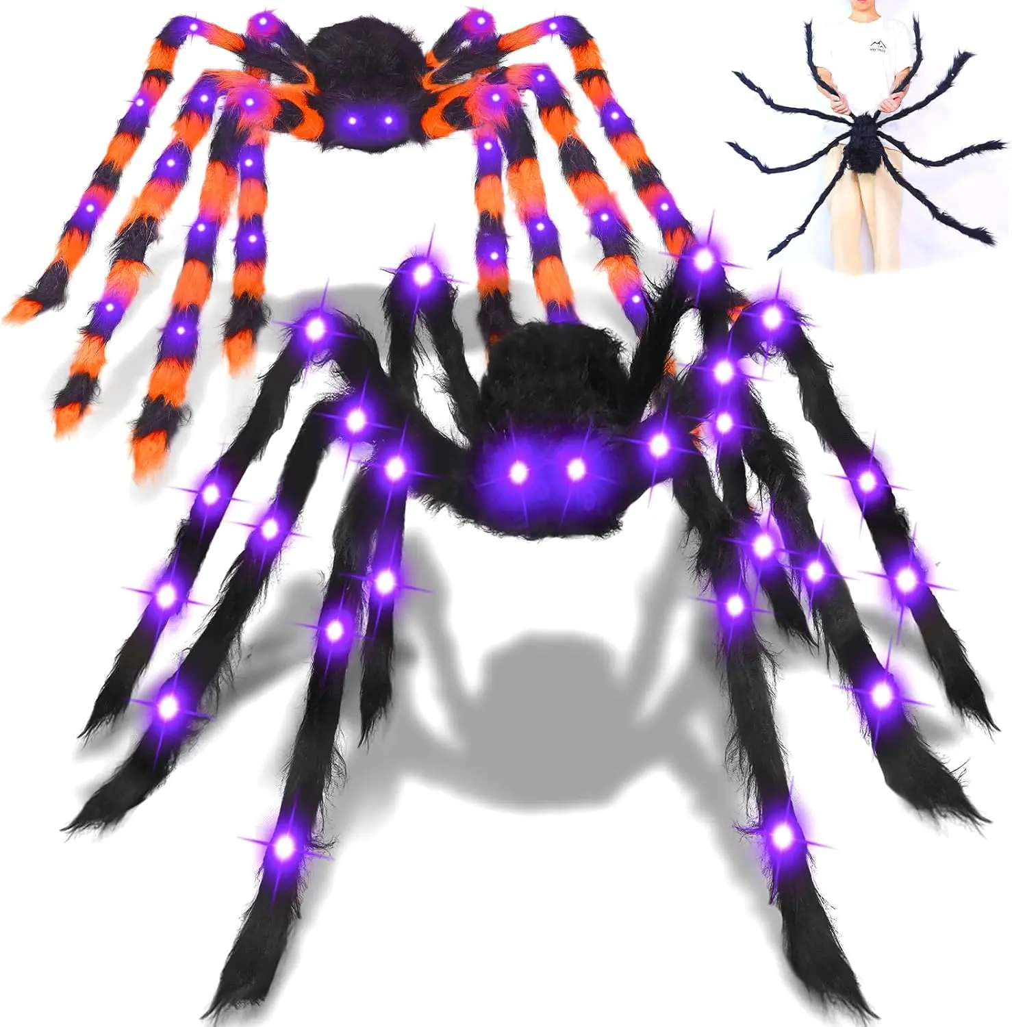 2 Pack 5 Ft Giant Light Up Spider Halloween Decorations Outdoor | 52 Purple LEDs, Black & Dual-Color Fake Spider, Indoor/Outside, Scary Haunted House Prop/Party Decor