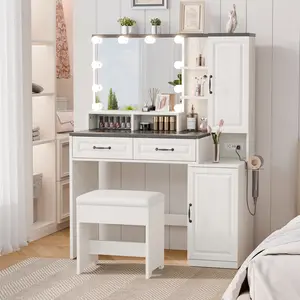 Topwin White Vanity Set with Mirror,Padded Stool,3 Drawers,2 Cabinets,and Storage Shelf for Bedroom or Makeup Dresser Furniture Table Organization