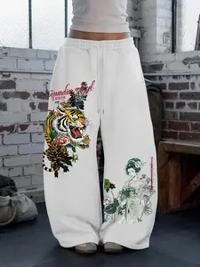 Unisex Casual Straight Leg Pants with Tiger Tattoo Pattern, Loose-Fitting Print Joggers for Daily Streetwear, Party, Vacation, School