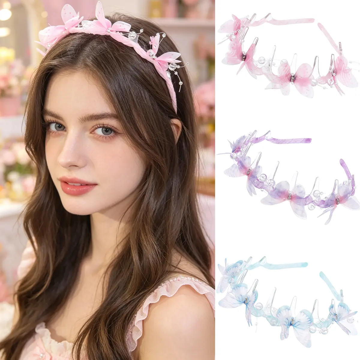 AWAYTR Women's 3-Pack Sparkle Butterfly Textured Tulle Headbands - Bling Hair Fashion, Fairycore Boho Hair Accessories with Non-Slip Teeth for High Cranium Lift, Weddings, Engagement