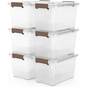 6Pack Clear 7 Quart Storage Latch Box Bins Plastic Stackable Latching Box with Brown Handle and Lid MultiPurpose 7 Litre
