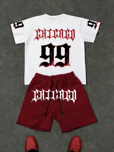 Hardcore Street Style Men's Two-Piece Set, Loose Fit Casual Design, Flame Gothic Font, Chicago 99 Print, High-Quality Breathable Fabric, Streetwear