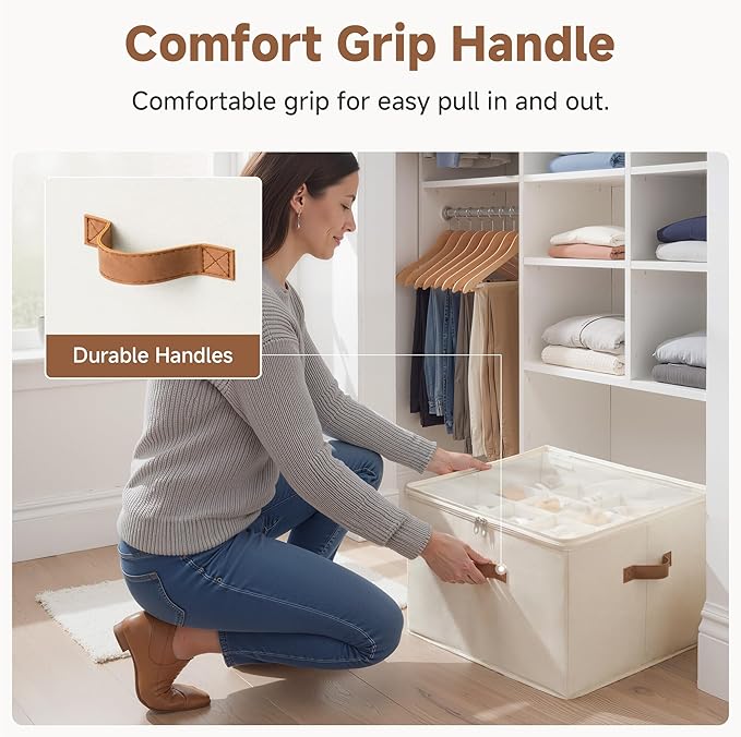 Large Shoe Storage Bin for Closet, Shoe Organizer Box Fits up to 16 Pairs, Collapsible Fabric Shoe Basket w/Clear Cover, Adjustable Dividers & Reinforced Handles