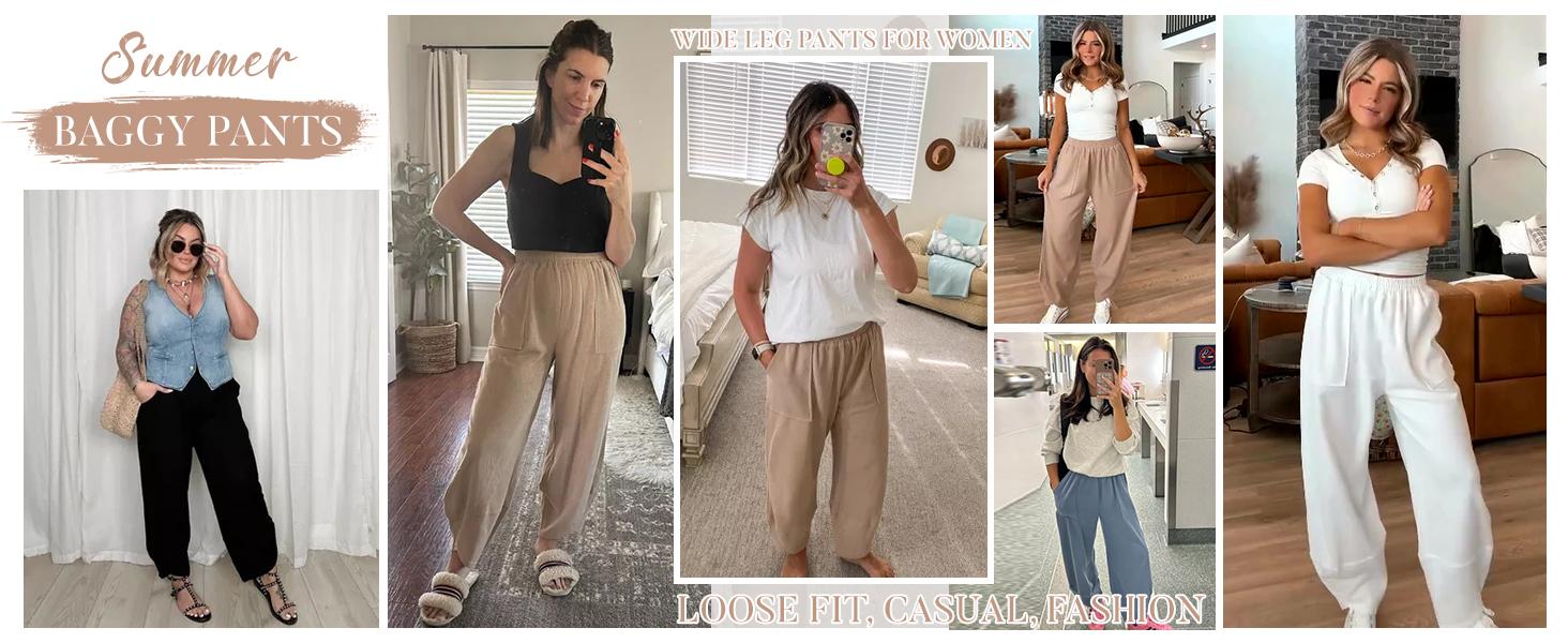 Bienmorn Women’s Baggy Wide-Leg Pants, Casual Elastic-Waist Palazzo/Harem Pants with Pockets,clothes for back to school,first day of school outfits