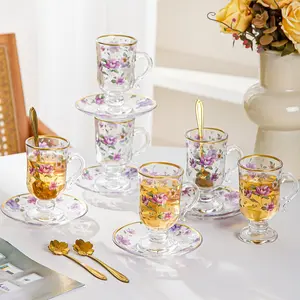 Vintage Turkish Tea Glasses Cups and Saucers Set of 6 Handle Coffee Drinkware Drink Bar Fancy Teapots Serving Glassware Drinking Kitchen Women Moroccan Persian Teacups Party Art Deco Aesthetic