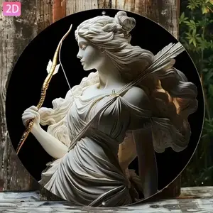 Retro Round Aluminum Plaque Wall Decor Athena Goddess Sculpture Sign for Garden Kitchen Bar Living Room Home