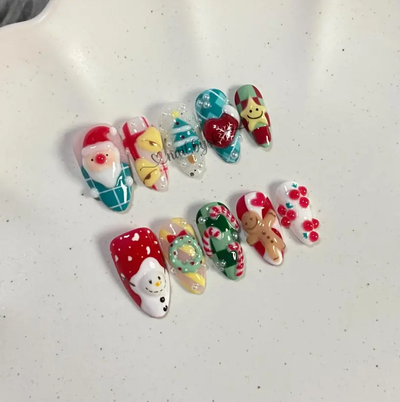 Cute Christmas Press On Nails, Almond Santa Snowman Gingerbread Elf Wreath Nails, Playful Holiday Nail Set, Gift for Her