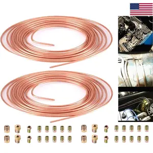 2 Pack 3/16 OD 25FT Copper Nickel Brake Line Tubing Kit, Rust-Proof Corrosion Resistant Alloy Coil Roll, Flexible Hand Bendable Tube with 16 Pcs Assorted Inverted Flare Fitting Nuts