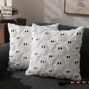 Halloween Ghost Pillow Covers Set of 2 18x18 inch Soft Plush Faux Fur Wool for Couch Sofa Bed Living Room Home Decor Spooky Cute Design All Seasons High-Quality Linen-Blend Fabric Easy Care Machine Washable