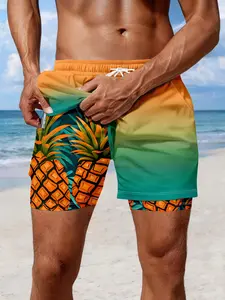 Men's Quick-Dry Double-Layer Beach Shorts with Lining, Pineapple Print Gradient, Casual Fitted Style, Drawstring Waist, Poolside Gear, Swimwear Shorts, Swim Bottoms, Trunks