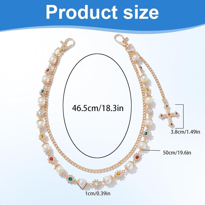 Layered Gold Silver Wallet Chains with Rhinestone Flower Pearl,Unisex Jean Pocket Chains for Men & Women,Fashion Punk Accessories for Bags,Wallets,Pants