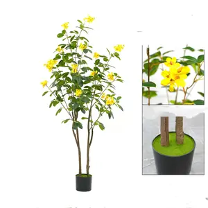 Artificial Flower Tree, Blooming Flower Artificial Tree Pre Potted, Faux Floor Plants with Yellow Flowers and Green Leaves for Garden Home Wedding Party