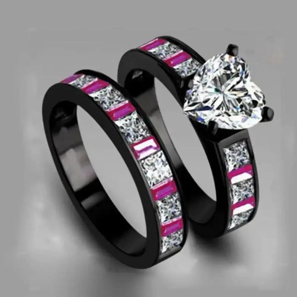 Women's 2-Piece Elegant Ring Set - Heart-Shaped Zircon Color-Blocking Design with Cubic Zirconia, Simple Fashionable Costume Jewelry, Romantic Jewelry Gift for Anniversaries, Female Gifts Promise Rings