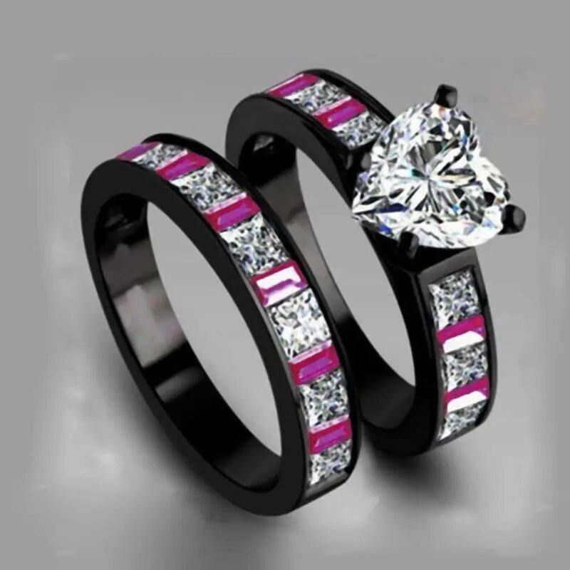 Women's 2-Piece Elegant Ring Set - Heart-Shaped Zircon Color-Blocking Design with Cubic Zirconia, Simple Fashionable Costume Jewelry, Romantic Jewelry Gift for Anniversaries, Female Gifts Promise Rings