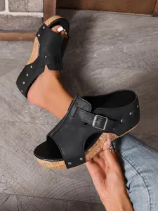 Soft Wood Wedge Slippers, Comfortable PU Leather Upper, Rubber Sole, Fashion Plain Design, Less Than Ankle Height, Perfect for All-Day Wear, Summer