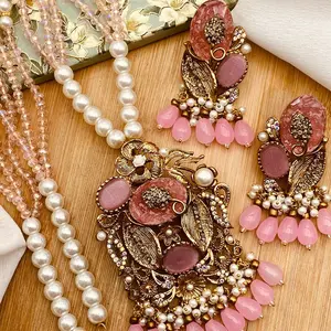 Premium Kundan Polki AD Long Necklace with Earrings - Turkish Style - Crushed Resin Stone Crystal Jewelry