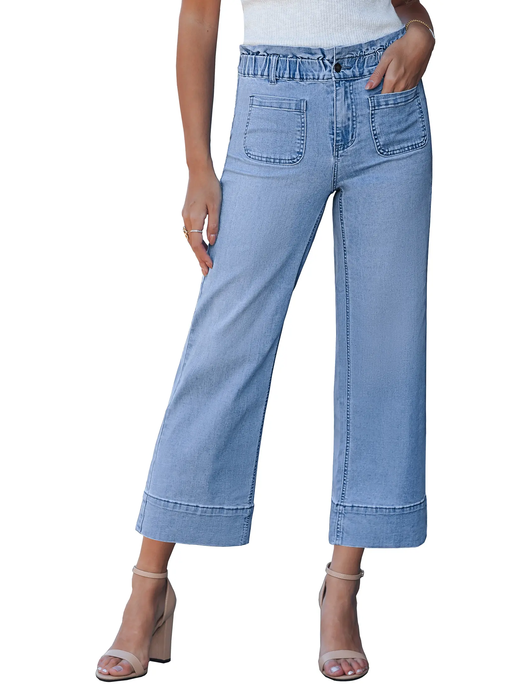 Luvamia Women's High Waisted Paper Bag Wide Leg Jeans - Cropped, Stretchy Elastic Denim, Patch Pocket, Soft Basic Casual Bottoms, Chic, Denim Pants, Zip + Button, Stretch Cotton, Standard Sizes, Patch Pockets, All Seasons, Fabric, Zipper, Elastic Waist Je
