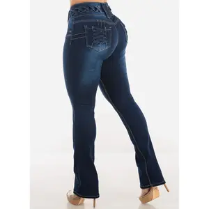 Women’s Bootcut Push Up Stretch Jeans, High Waist Dark Wash Levantacola with Lace-Up Waistband and Tummy Control – MX JEANS by ModaXpress