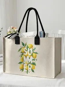 1 piece of 2D printed large-capacity storage bag with lemon pattern + 'Summer Style', extra large storage bag, Tote Bag, sturdy handle, space-saving multi-purpose, suitable for use at school, on business trips, and shopping, Reusable Bags