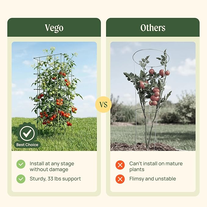 Vego Garden Tomato Cage 16.5" Square Heavy-Duty for Garden & Pots, Rust-Resistant Tomato Stackable Heavy Gauge Plant Cage Trellis Support for Climbing Vegetables Plants
