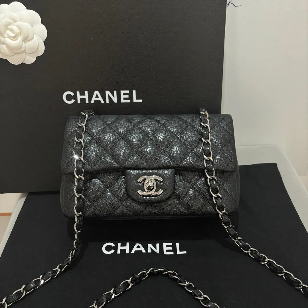Pre-owned Chanel Classic Flap Rectangular Mini Pearl Black Caviar Leather Chain Crossbody Bag P07E19028