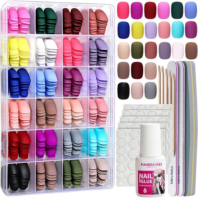 Short Press on Nails, 24 Packs 576PCS Short Round Press on Nails Matte, Acrylic Small Fake Nails Full Cover, Matte Glue on Nails with 7g Nail Glue, 24 Color False Nail