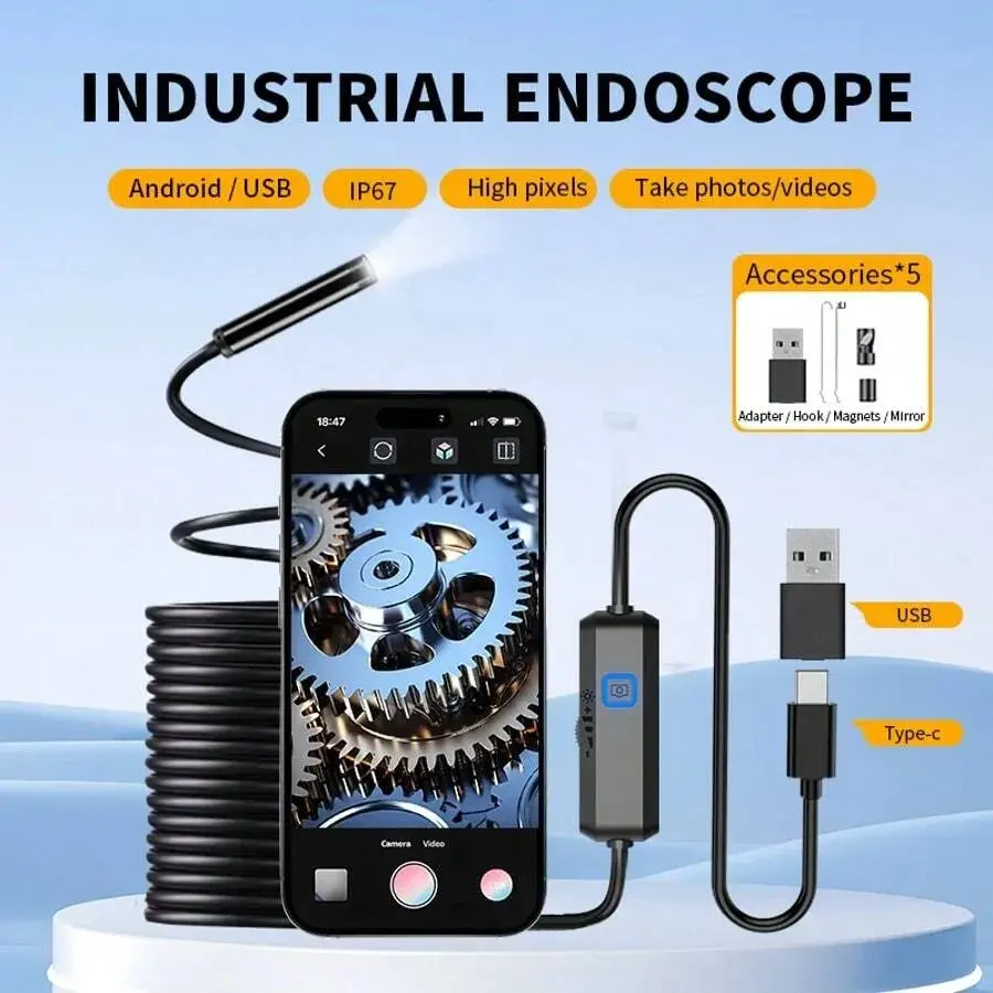 FD0020 Industrial Endoscope Android USB IP67 High Pixels Take Photos Videos with 5 Accessories Adapter Hook Magnets Mirror