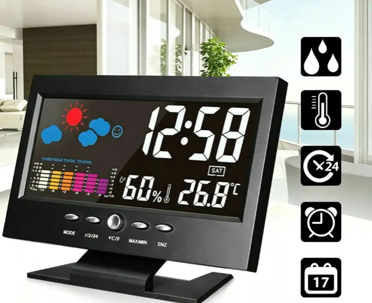 Modern Digital Auto-Set Alarm Clock with Color LCD Display, Large Digits, Indoor Temperature-Humidity Monitor, Snooze, Calendar, Weather Display - Household Room Decor - Ideal for Nightstand, Desk | Home Gift manual juicer beverage juice tiktok top seller