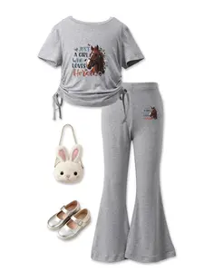 Summer Girls' Set, Horse Cartoon + Love Horse Slogan, Drawstring Design, Casual for School, Parent-Child Travel, Equestrian Activities