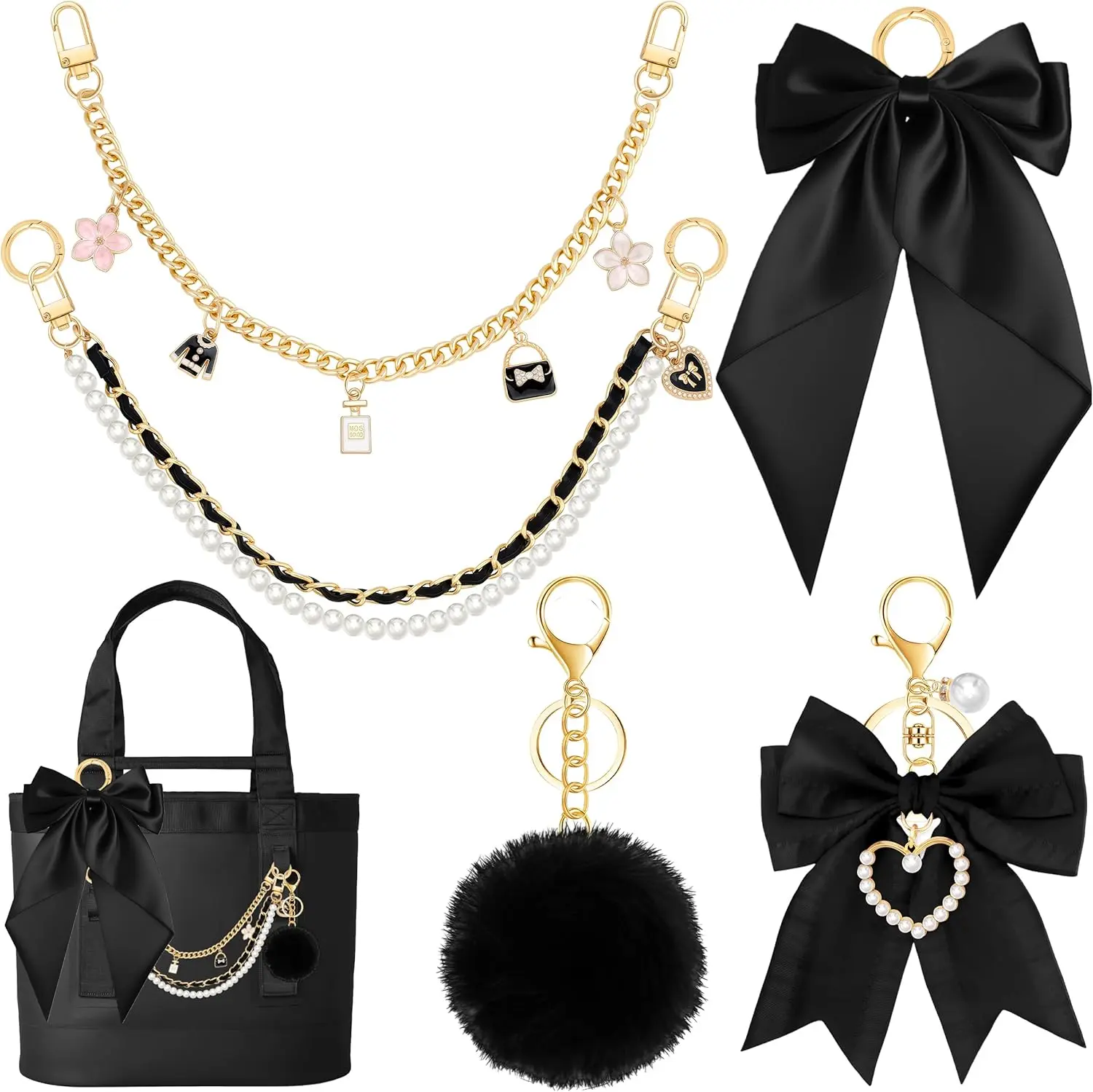Women's 5PCS Tote Bag Decoration Kit - Pearl Purse Chain, Cute Bow Bag Charms, Strap Extender Chain, Gold Keychain Accessories, Metal Charms Compatible with YETI Camino, Bogg Beach Handbags & Wallets