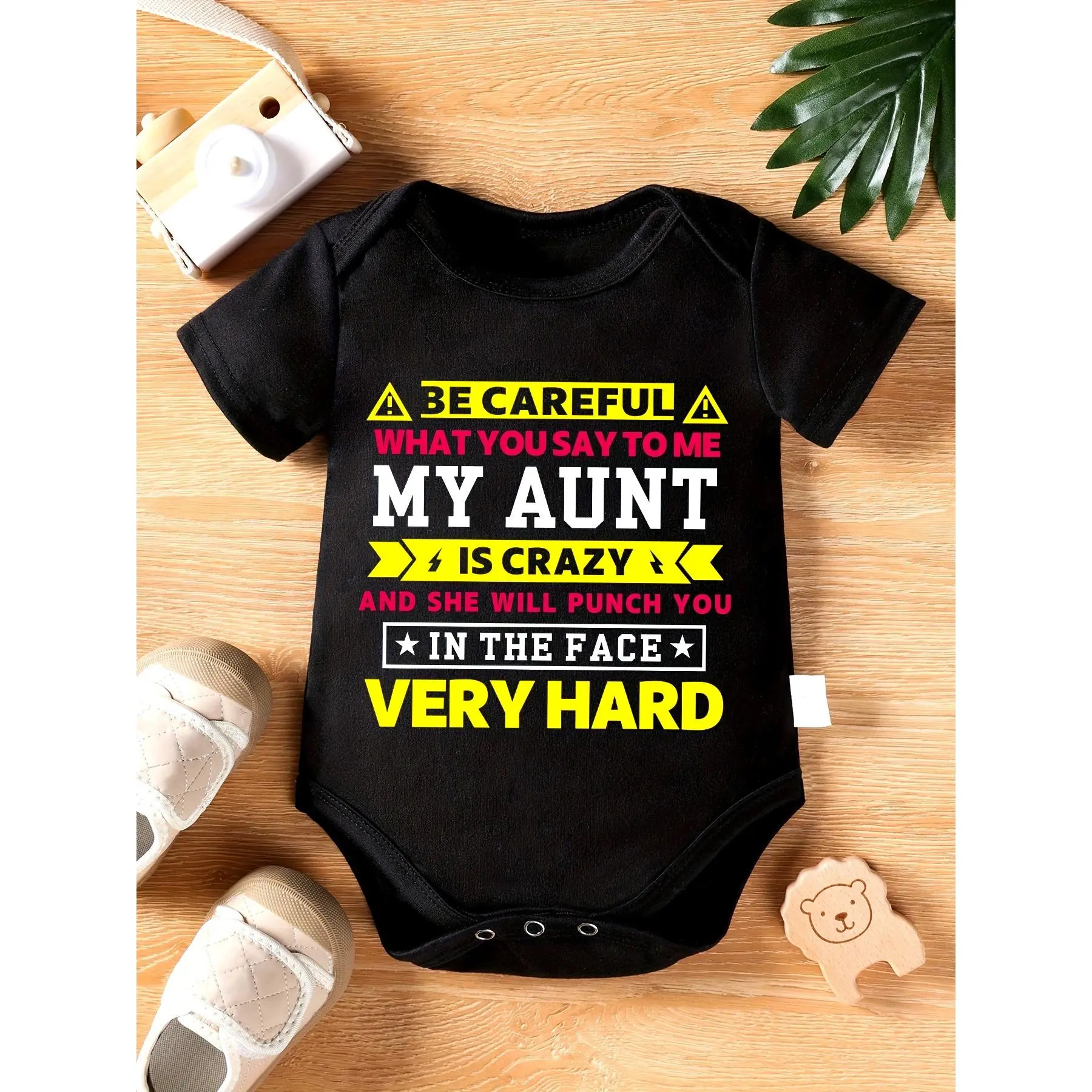 Fitted Unisex Cotton Bodysuit, Short Sleeve Crew Neck with "My Aunt" Slogan Print, Tagless with Overlap Shoulders & Snaps, 0-3m Baby Items for Crawling