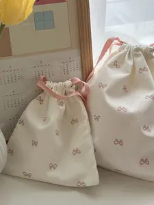 Sweet Bow Print Storage Bag Drawstring Backpack Cute Student Portable Travel Digital Organizer Hanging Bag New Year Valentine's Gift