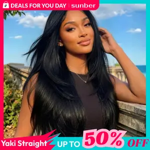 【24''=$129 】Sunber 13x4 HD Lace Front Wigs Layered Cut Slight Yaki Straight Wigs With Drawstring Pre Bleached Tiny Knots Glueless Ready To Wear Natural Black Wigs DealsForYouDays