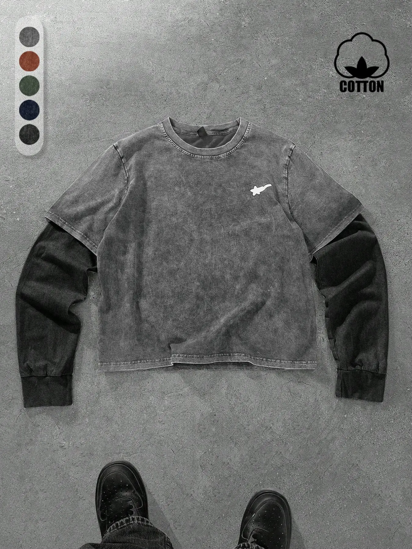 2026 Men's Layered Casual Streetwear Long Sleeve Geometric T-Shirt, Vintage Wash Cotton Fabric for Relaxed Outings, Stylish Urban Fashion