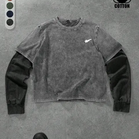 2026 Men's Layered Casual Streetwear Long Sleeve Geometric T-Shirt, Vintage Wash Cotton Fabric for Relaxed Outings, Stylish Urban Fashion