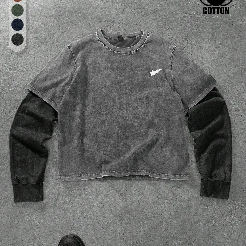 2026 Men's Layered Casual Streetwear Long Sleeve Geometric T-Shirt, Vintage Wash Cotton Fabric for Relaxed Outings, Stylish Urban Fashion