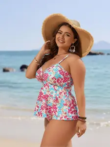 2026 Women's High Stretch Casual Fashion Twist Front Flowy Hem Adjustable Strap Swim Top & High Waist Briefs, Modest Tummy Control Curvy Swimwear for Beach Vacation,Dopamine Floral Print Tankini Swimsuit Set, White Multi-Color