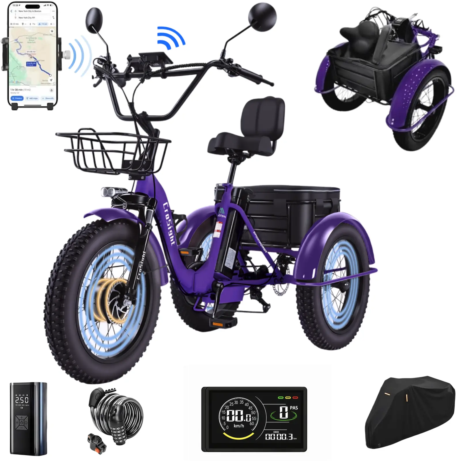 CroSight T3 Folding Electric Tricycle for Adults, Peak 1700W 48V, 20x4 Fat Tires, Step-Through, 20Ah Removable Battery, UL 2849, EBike