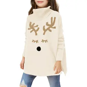 Haloumoning Girls Christmas Sweater Kids Oversized Turtleneck Cute Reindeer Sweaters with Side Slit