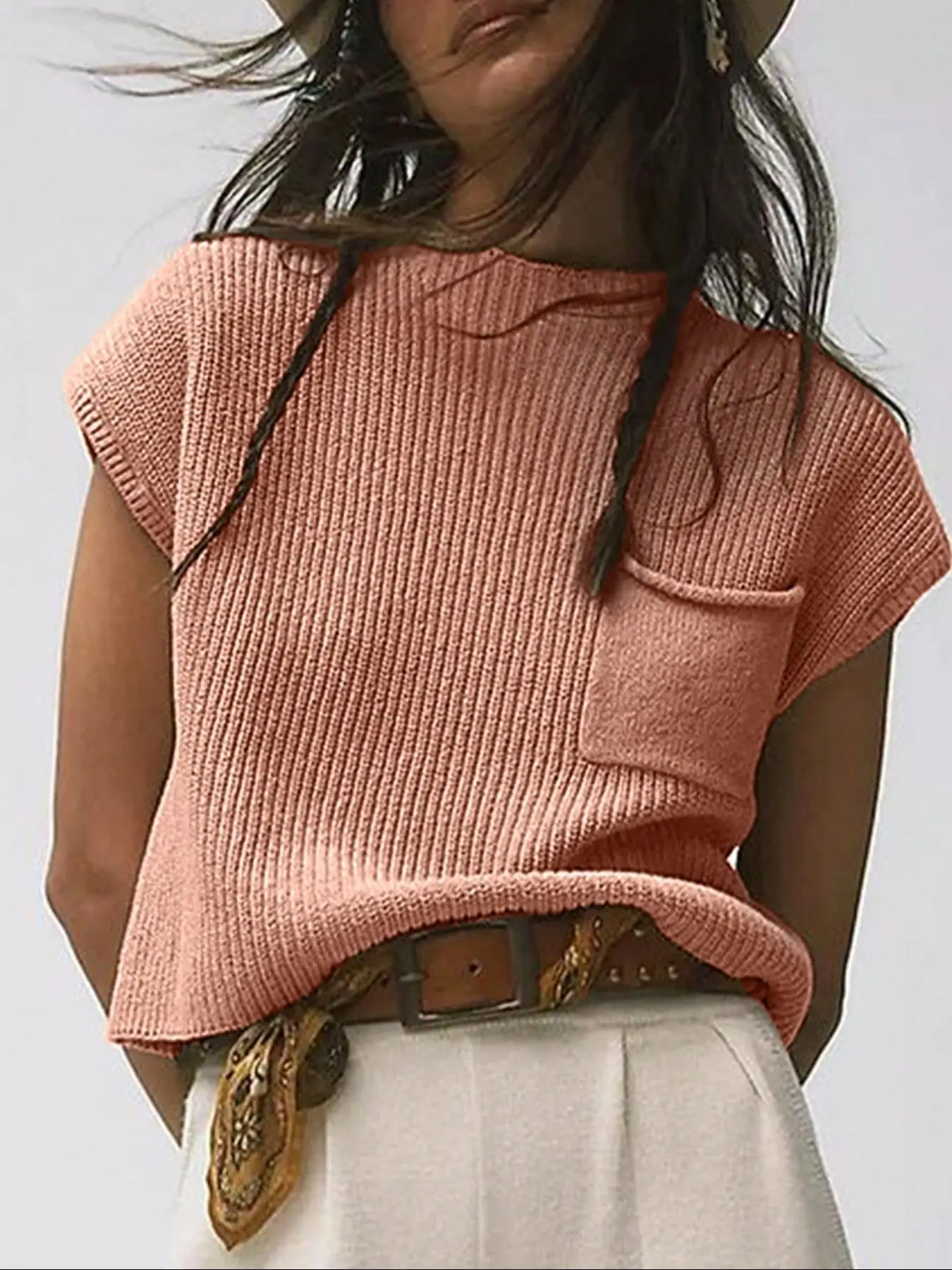 Women's Plain Pocket Mock Neck Sweater Vest, Casual Solid Sleeveless Knit Top for Spring & Fall, Ladies Clothes for Daily Wear