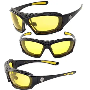 Night Driving Riding Padded Motorcycle Glasses Black Frame Yellow Lens C49 UV400 Protection Unisex Wrap Sunglasses