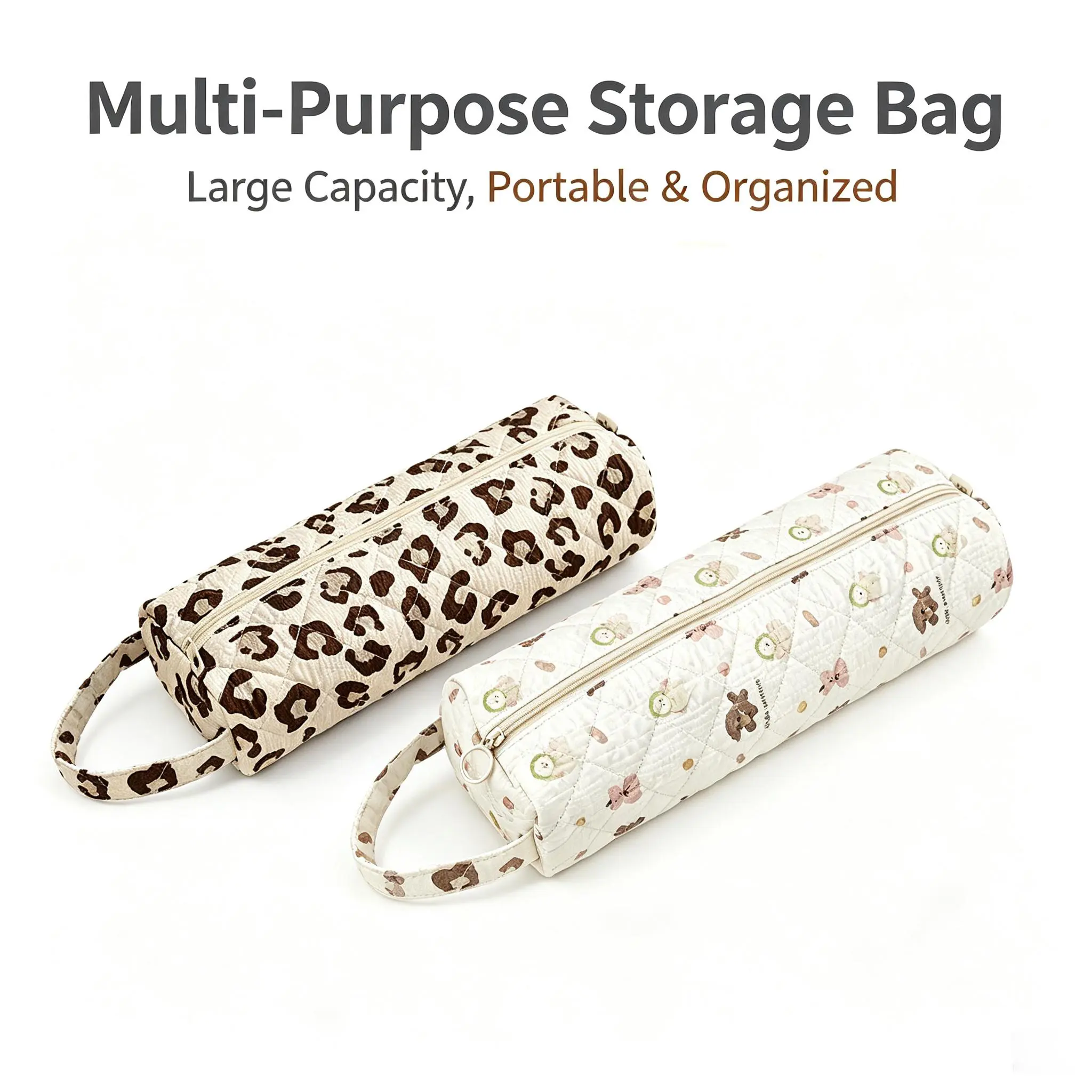 Quilted Multi‑Purpose Storage Bag, Portable Zipper Cosmetic Makeup Pouch with Handle, Large Capacity Travel Toiletry Organizer for Bathroom Office