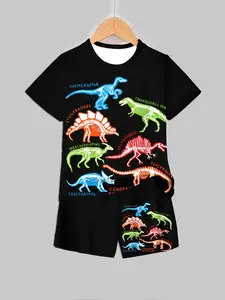 Jurassic Archaeology Team! Colorful Dinosaur Skeleton Boy Short Sleeve Set, Casual Cool Style, Fitted H-Type Tee, Random Print Shorts