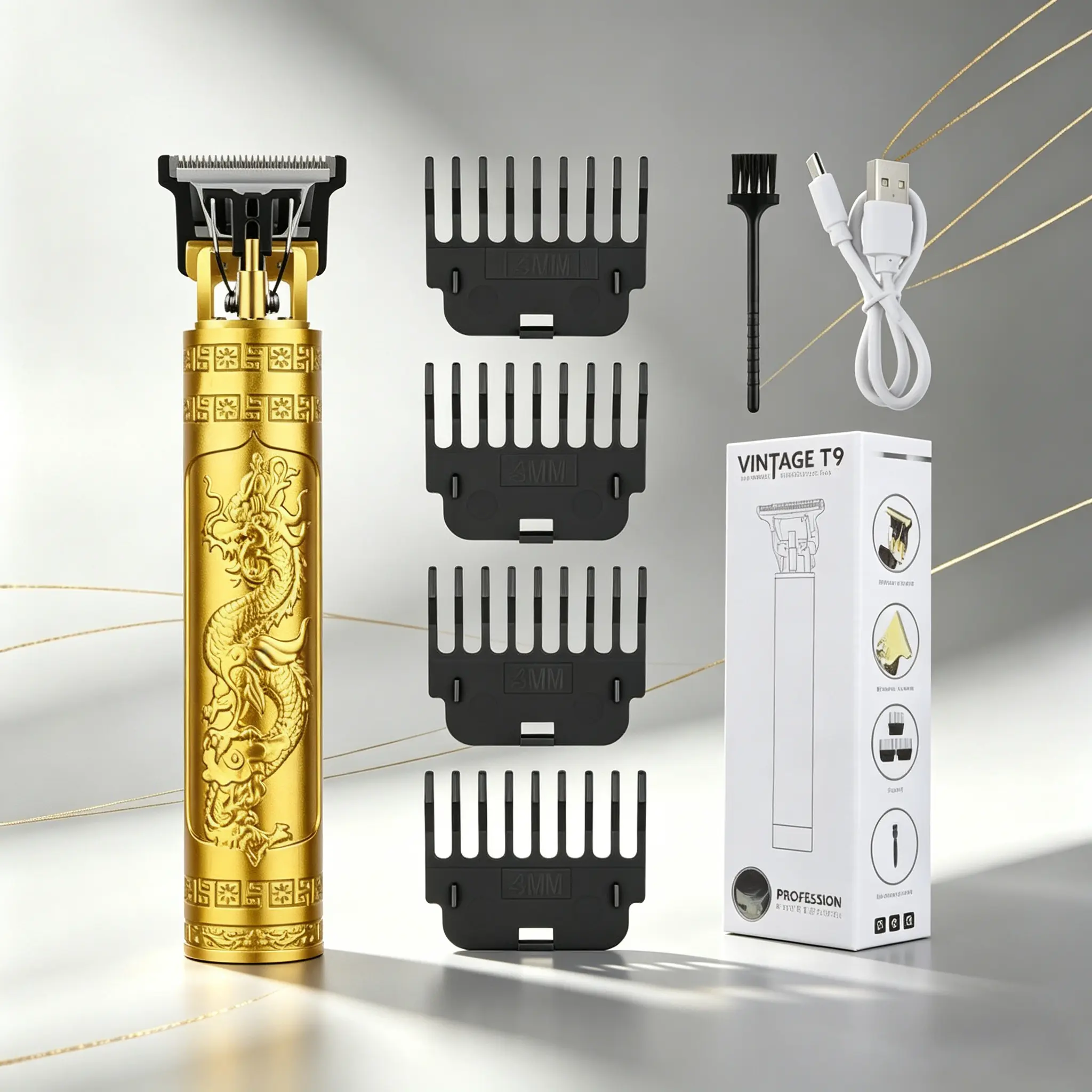 LQT Vintage Gold T9 Cordless Hair Clipper for Men - 0-Gapped Barber Tool with Dragon Engraving, USB Rechargeable Edger with USB Port, Ergonomic Salon-Quality Equipment for Fades, Beards, All Hair Types, Home Use, Hair Clippers, Abs